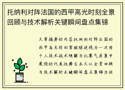 托纳利对阵法国的西甲高光时刻全景回顾与技术解析关键瞬间盘点集锦 托纳利对阵法国的西甲高光时刻全景回顾与技术解析关键瞬间盘点集锦