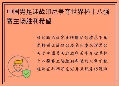 中国男足迎战印尼争夺世界杯十八强赛主场胜利希望